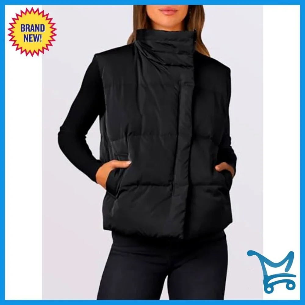 Quilted Puffer Vest Lightweight Sleeveless Jacket Stand Collar Zip Up Winter